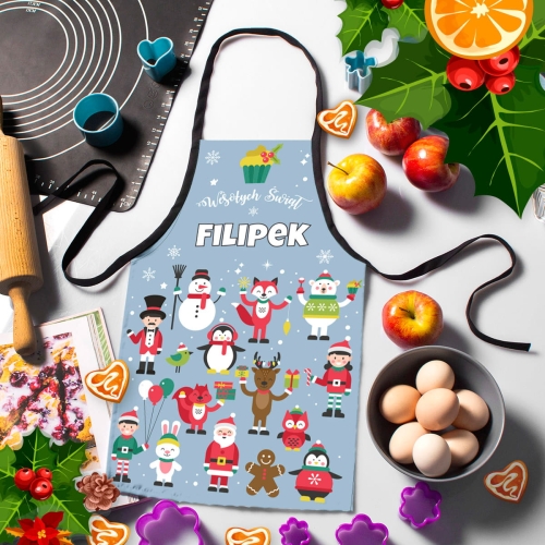 Prezent na Święta dla Dzieci - Fartuszek dla Dziecka z Imieniem - Wesołych Świąt Niebieski