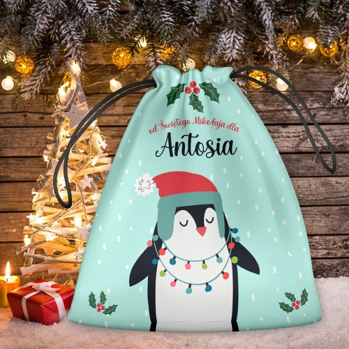 Prezent na Święta dla Dzieci - Świąteczny Worek Na Prezenty z Imieniem - Pingwinek