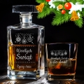 Karafka z Grawerem i Szklanka Do Whisky - Prezent na Święta - Wesołych Świąt Śnieżynki - Kwadratowa