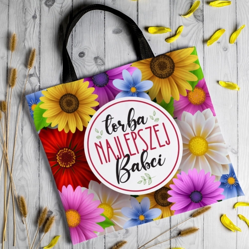 Torba Na Zakupy z Nadrukiem dla Babci - Prezent na Dzień Babci - Kolorowe Kwiaty