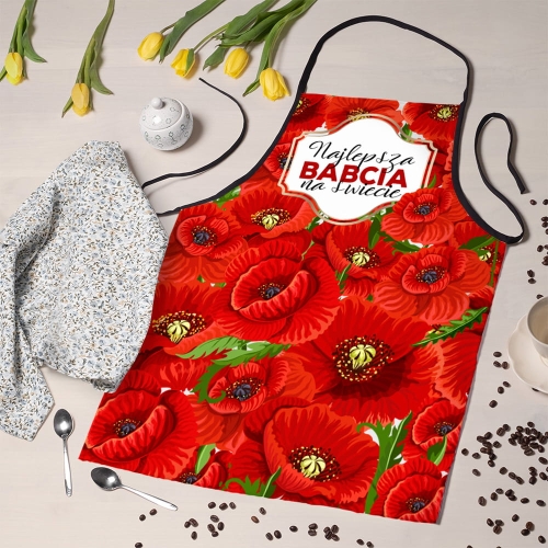 Fartuch Kuchenny dla Babci - Prezent na Dzień Babci - Czerwone Maki