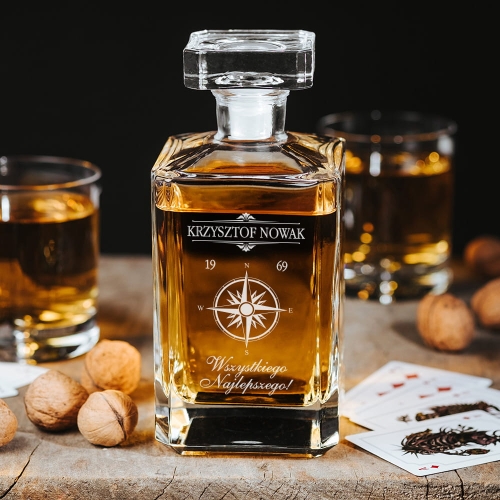 Karafka do Whisky z Grawerem - Prezent dla Podróżnika na Urodziny - Kwadratowa