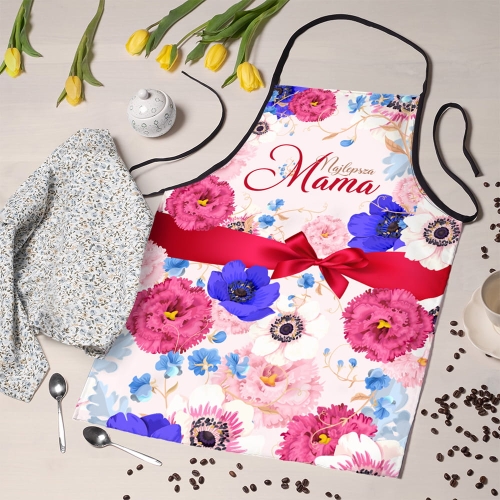 Fartuch Kuchenny z Nadrukiem dla Mamy - Prezent na Dzień Matki - Goździki z Kokardą