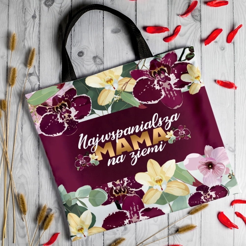 Torba Na Zakupy z Nadrukiem dla Mamy - Prezent na Dzień Matki - Fioletowe Storczyki