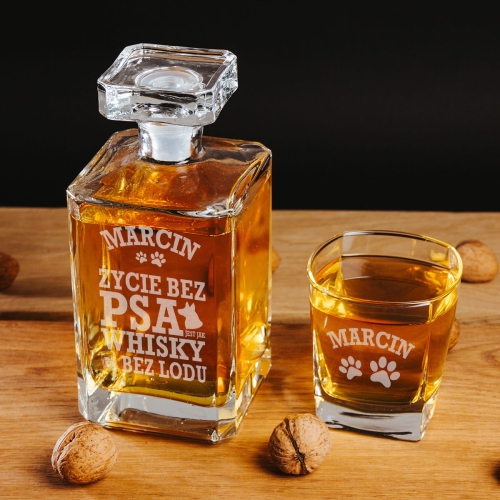 Karafka z Grawerem i Szklanka do Whisky - Prezent dla Miłośnika Psów - Życie Bez Psa - Kwadratowa