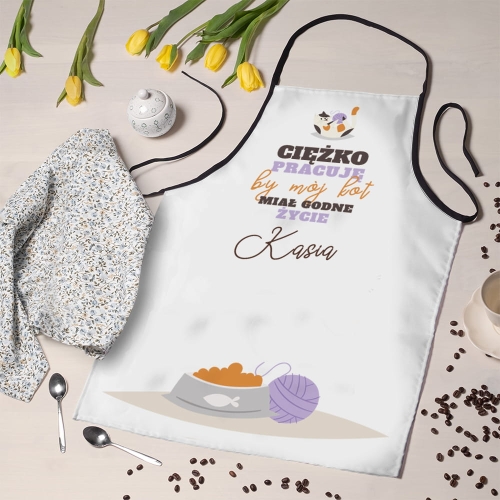 Fartuch Kuchenny z Nadrukiem - Fartuch z Kotem - Prezent dla Kociarza, Kociary - Ciężko Pracuję