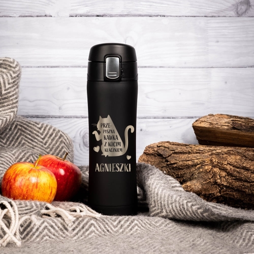 Kubek Termiczny z Grawerem -  Kubek dla Kociary - Prezent dla Miłośnika Kotów - Kawka z Kocim Kłaczkiem