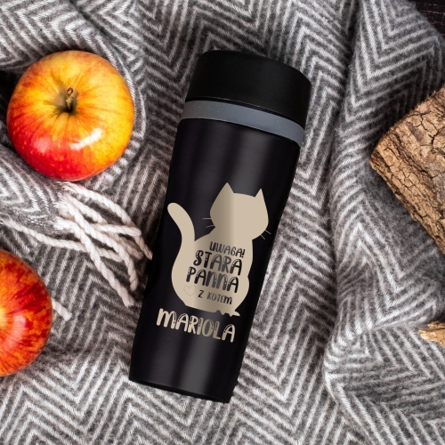 Kubek Termiczny z Grawerem - Kubek dla Kociary - Prezent dla Miłośnika Kotów - Stara Panna z Kotem