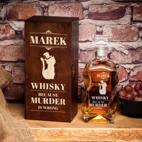 Karafka z Grawerem w Skrzynce - Prezent dla Miłośnika Kotów - Murder is Wrong - Łamana ciemny brąz