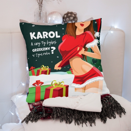 Poduszka Mikołajkowa z Nadrukiem - Prezent na Mikołajki Święta z Imieniem - Czy Byłeś Grzeczny