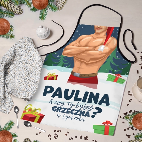 Mikołajkowy Fartuch Kuchenny z Nadrukiem - Fartuch na Mikołajki Święta - Czy byłaś Grzeczna
