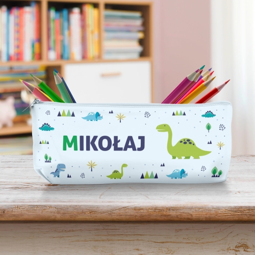 Piórnik Szkolny Dla Dzieci z Imieniem do Szkoły Przedszkola - Zielony Dinozaur