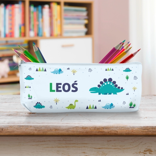 Piórnik Szkolny Dla Dzieci z Imieniem do Szkoły Przedszkola - Turkusowy Dinozaur