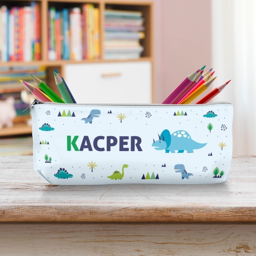 Piórnik Szkolny Dla Dzieci z Imieniem do Szkoły Przedszkola - Błękitny Dinozaur