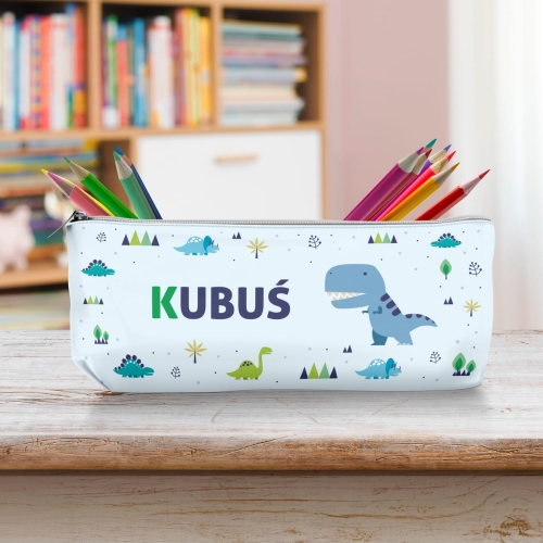 Piórnik Szkolny Dla Dzieci z Imieniem do Szkoły Przedszkola - Niebieski Dinozaur