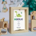 Skarbonka Drewniana Metryczka - Prezent na Narodziny dla Dziecka - Prezent na Dzień Dziecka - Dinozaur