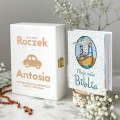 Biblia w Pudełku Prezent na Pierwsze Urodziny - Prezent na Roczek - Biblia dla Dzieci - Autko - Biała