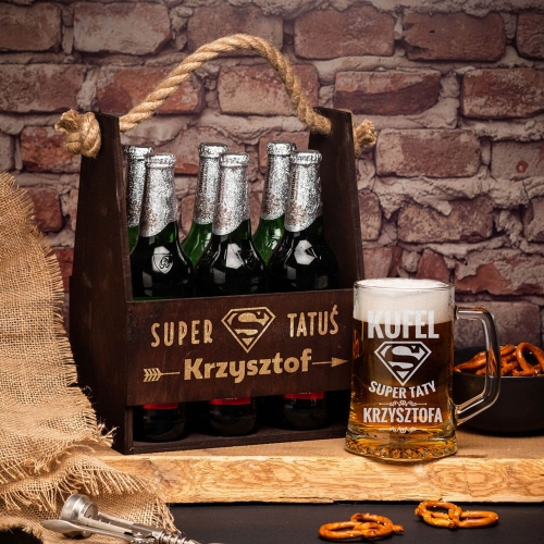 Nosidło na piwo ciemne i kufel do piwa z grawerem