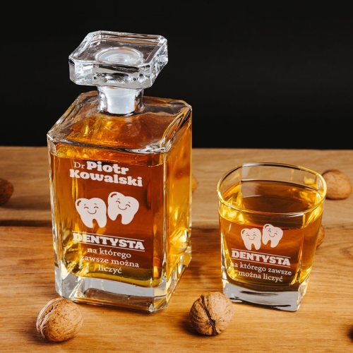Karafka z Grawerem i Szklanka Do Whisky - Prezent dla Dentysty - Kwadratowa