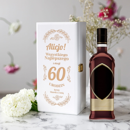 Skrzynka Biała na Alkohol Na Urodziny - Prezent na Urodziny - Wszystkiego Najlepszego  - Kwiaty