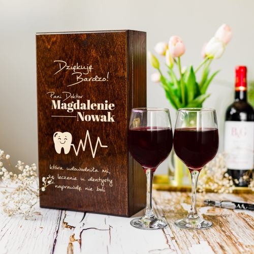 Skrzynka na Wino z Grawerem - Prezent dla Dentystki, Pani Doktor - Dziękuję Bardzo - Podwójna