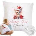 Prezent na Mikołajki Święta dla Dziecka - Mikołajkowa Poduszka Pluszowa Minky z Imieniem - Kotek Biała