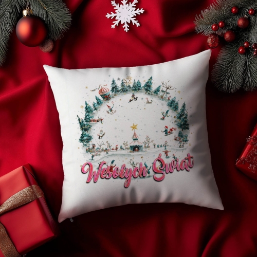 Poduszka Świąteczna z Nadrukiem - Prezent na Święta - Wesołych Świąt Krąg Biała