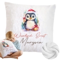 Prezent na Mikołajki Święta dla Dziecka - Mikołajkowa Poduszka Pluszowa Minky z Imieniem - Pingwinek Biała