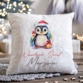 Prezent na Mikołajki Święta dla Dziecka - Mikołajkowa Poduszka Pluszowa Minky z Imieniem - Pingwinek Biała