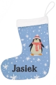 Prezent na Mikołajki Święta dla Dziecka - Świąteczna Skarpeta Minky z Imieniem - Niebieski Pingwinek