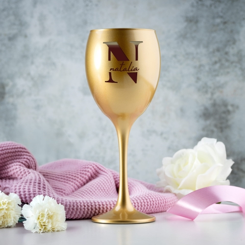 Złoty Kieliszek do Wina z Grawerem - Prezent z Imieniem dla Niej  - Imię i Duży Inicjał