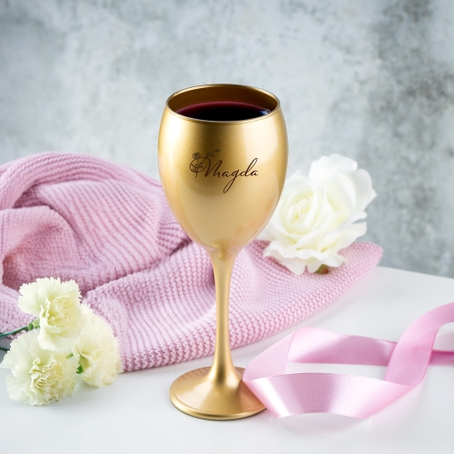 Złoty Kieliszek do Wina z Grawerem - Prezent z Imieniem dla Niej - Imię Subtelny Liść