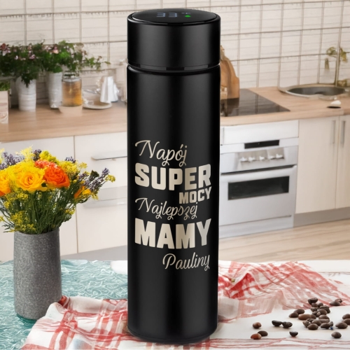 Kubek Termiczny LED z Grawerem dla Mamy - Prezent na Dzień Matki z Imieniem - Napój Super Mocy Najlepszej Mamy