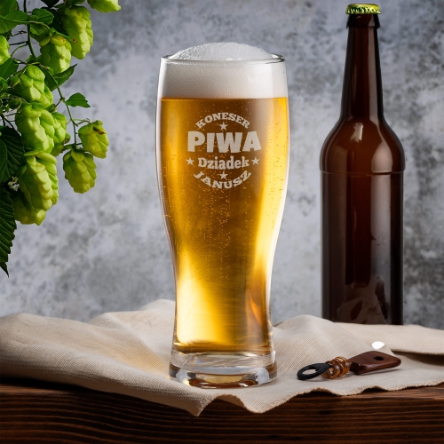 Kufel z Grawerem Do Piwa dla Dziadka - Prezent z Imieniem na Dzień Dziadka - Wysoki Kufel Barowy - Koneser Piwa