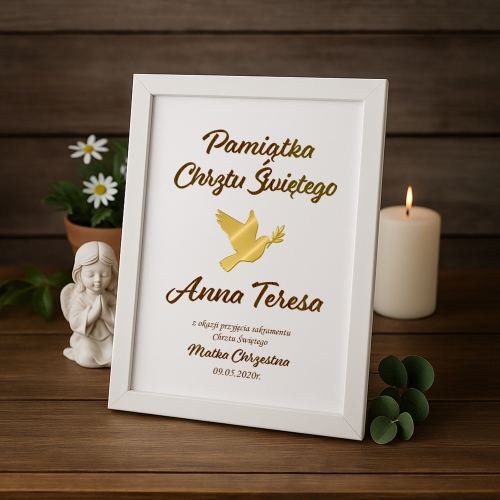 Ozdobna Ramka na Chrzest Święty - Pamiątka Na Chrzciny - Obrazek Personalizowany - Gołąbek z Gałązką