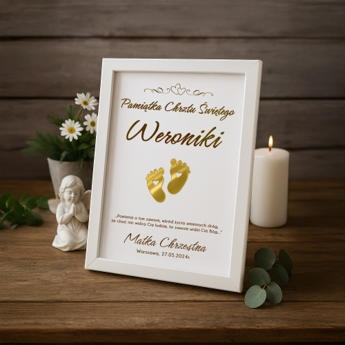 Ozdobna Ramka na Chrzest Święty - Pamiątka Na Chrzciny - Obrazek Personalizowany - Stópki z Serduszkiem