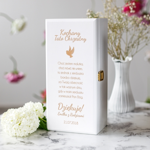 Skrzynka na Alkohol Biała z Grawerem - Podziękowanie dla Ojca Chrzestnego - Kochany Ojcze Chrzestny - Gołąbek