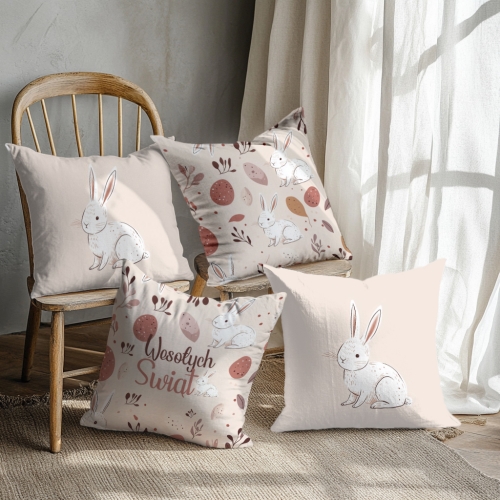 Komplet Poszewek Wielkanocnych z Nadrukiem - Zestaw Prezentowy - Poszewki Na Poduszki Wielkanoc Beż