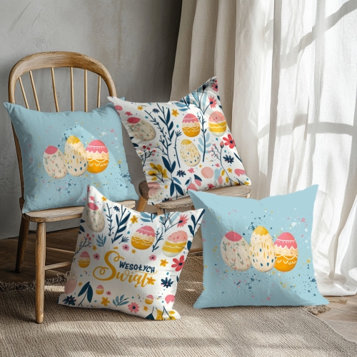 Komplet Poszewek Wielkanocnych z Nadrukiem - Zestaw Prezentowy - Poszewki Na Poduszki Wielkanoc Błękit