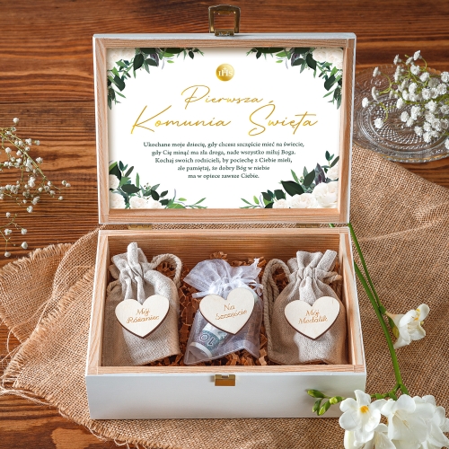 Pudełko Na Pieniądze i Pamiątki Z Komunii - Pamiątka Pierwszej Komunii w Pudełku z Grawerem - Gołąbek