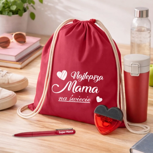 Zestaw dla Mamy - Worek + Kubek Termiczny + Klips + Długopis - Prezent na Dzień Matki - Zestaw Prezentowy dla Mamy - Czerwony