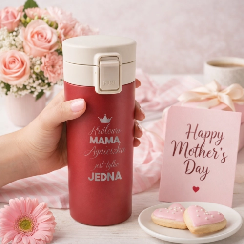 Kubek Termiczny z Grawerem dla Mamy - Prezent na Dzień Matki z Imieniem - Królowa Mama - Czerwony