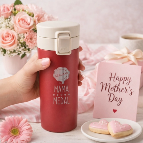 Kubek Termiczny z Grawerem dla Mamy - Prezent na Dzień Matki z Imieniem - Mama Na Medal - Czerwony