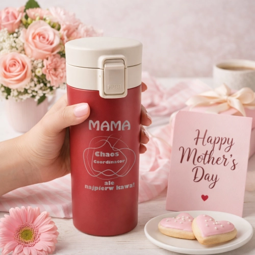 Kubek Termiczny z Grawerem dla Mamy - Prezent na Dzień Matki z Imieniem - Chaos Coordinator - Czerwony