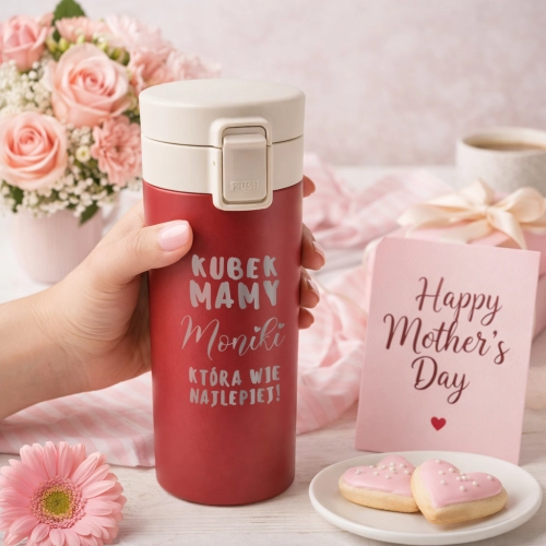 Kubek Termiczny z Grawerem dla Mamy - Prezent na Dzień Matki z Imieniem - Mama Wie Najlepiej - Czerwony