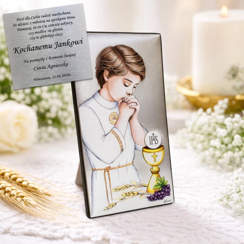 Kolorowy Obrazek z Laminatem - Pamiątka Pierwszej Komunii Świętej dla Chłopca