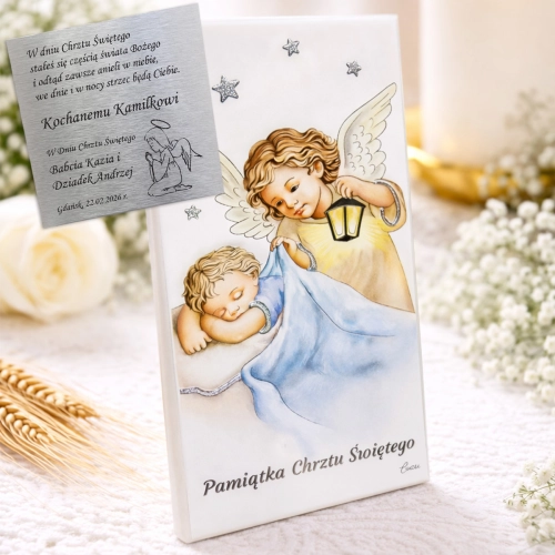 Drewniany Kolorowy Obrazek z Laminatem - Pamiątka Chrztu Świętego dla Chłopca