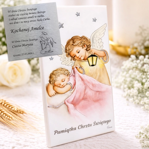 Drewniany Kolorowy Obrazek z Laminatem - Pamiątka Chrztu Świętego dla Dziewczynki