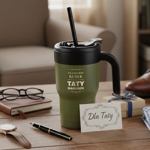 Kubek Termiczny z Grawerem dla Taty - Prezent na Dzień Ojca -  Ze Słomką i Uchwytem  -  Ulubiony Kubek