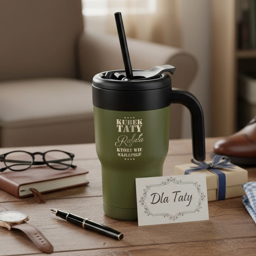 Kubek Termiczny z Grawerem dla Taty - Prezent na Dzień Ojca -  Ze Słomką i Uchwytem  -  Tata Który Wie Najlepiej